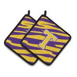 Caroline'S Treasures Letter T Monogram - Tiger Stripe - Purple Gold Pair Of Pot Holders Cj1022-Tpthd, 7.5Hx7.5W, Multicolor