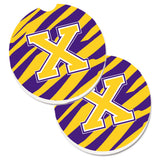Caroline'S Treasures Letter X Monogram - Tiger Stripe - Purple Gold Set Of 2 Cup Holder Car Coasters Cj1022-Xcarc, 2.56, Multi