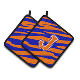 Caroline'S Treasures Monogram Initial J Tiger Stripe - Blue Orange Pair Of Pot Holders Cj1023-Jpthd, 7.5Hx7.5W, Multicolor