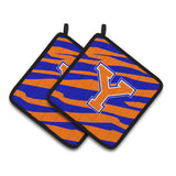 Caroline'S Treasures Monogram Initial Y Tiger Stripe - Blue Orange Pair Of Pot Holders Cj1023-Ypthd, 7.5Hx7.5W, Multicolor