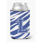 Letter L Initial Monogram - Tiger Stripe Blue And White Can Beverage Insulator Hugger