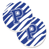 Caroline'S Treasures Monogram Initial P Tiger Stripe Blue & White Set Of 2 Cup Holder Car Coasters Cj1034-Pcarc, 2.56, Multico