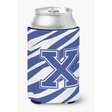 Letter X Initial Monogram - Tiger Stripe Blue And White Can Beverage Insulator Hugger