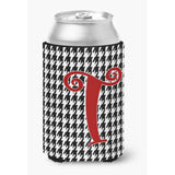 Letter T Initial Monogram - Houndstooth Black Can Or Bottle Beverage Insulator Hugger