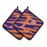 Caroline'S Treasures Monogram Initial E Tiger Stripe Blue & Orange Pair Of Pot Holders Cj1036-Epthd, 7.5Hx7.5W, Multicolor