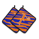 Caroline'S Treasures Monogram Initial F Tiger Stripe Blue & Orange Pair Of Pot Holders Cj1036-Fpthd, 7.5Hx7.5W, Multicolor