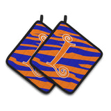 Caroline'S Treasures Monogram Initial L Tiger Stripe Blue & Orange Pair Of Pot Holders Cj1036-Lpthd, 7.5Hx7.5W, Multicolor
