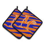 Caroline'S Treasures Monogram Initial M Tiger Stripe Blue & Orange Pair Of Pot Holders Cj1036-Mpthd, 7.5Hx7.5W, Multicolor