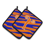 Caroline'S Treasures Monogram Initial T Tiger Stripe Blue & Orange Pair Of Pot Holders Cj1036-Tpthd, 7.5Hx7.5W, Multicolor