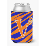 Letter V Initial Monogram - Tiger Stripe Blue And Orange Can Beverage Insulator Hugger