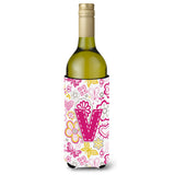 Letter V Flowers And Butterflies Pink Wine Bottle Beverage Insulator Hugger Cj2005-Vliterk