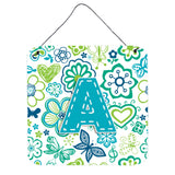Caroline'S Treasures Letter A Flowers And Butterflies Teal Blue Wall Or Door Hanging Prints, 6 X 6