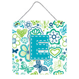 Caroline'S Treasures Letter E Flowers And Butterflies Teal Blue Wall Or Door Hanging Prints, 6 X 6