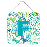 Caroline'S Treasures Letter F Flowers And Butterflies Teal Blue Wall Or Door Hanging Prints, 6 X 6