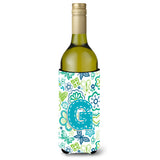 Letter G Flowers And Butterflies Teal Blue Wine Bottle Beverage Insulator Hugger Cj2006-Gliterk