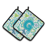 Caroline'S Treasures Letter G Flowers & Butterflies Teal Blue Pair Of Pot Holders Cj2006-Gpthd, 7.5Hx7.5W, Multicolor