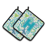 Caroline'S Treasures Letter H Flowers & Butterflies Teal Blue Pair Of Pot Holders Cj2006-Hpthd, 7.5Hx7.5W, Multicolor