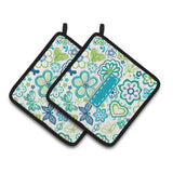 Caroline'S Treasures Letter I Flowers & Butterflies Teal Blue Pair Of Pot Holders Cj2006-Ipthd, 7.5Hx7.5W, Multicolor