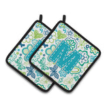 Caroline'S Treasures Letter M Flowers & Butterflies Teal Blue Pair Of Pot Holders Cj2006-Mpthd, 7.5Hx7.5W, Multicolor
