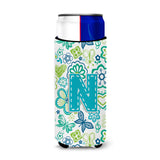 Letter N Flowers And Butterflies Teal Blue Ultra Beverage Insulators For Slim Cans Cj2006-Nmuk