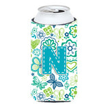 Letter N Flowers And Butterflies Teal Blue Tall Boy Beverage Insulator Hugger Cj2006-Ntbc