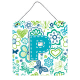 Caroline'S Treasures Letter P Flowers And Butterflies Teal Blue Wall Or Door Hanging Prints, 6 X 6