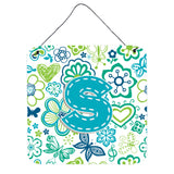 Caroline'S Treasures Letter S Flowers And Butterflies Teal Blue Wall Or Door Hanging Prints, 6 X 6