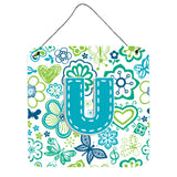 Caroline'S Treasures Letter U Flowers And Butterflies Teal Blue Wall Or Door Hanging Prints, 6 X 6