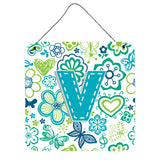 Caroline'S Treasures Letter V Flowers And Butterflies Teal Blue Wall Or Door Hanging Prints, 6 X 6