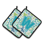 Caroline'S Treasures Letter W Flowers & Butterflies Teal Blue Pair Of Pot Holders Cj2006-Wpthd, 7.5Hx7.5W, Multicolor