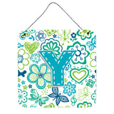 Caroline'S Treasures Letter Y Flowers And Butterflies Teal Blue Wall Or Door Hanging Prints, 6 X 6
