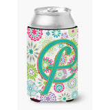 Letter F Flowers Pink Teal Green Initial Can Or Bottle Hugger Cj2011-Fcc