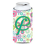 Letter F Flowers Pink Teal Green Initial Tall Boy Beverage Insulator Hugger Cj2011-Ftbc