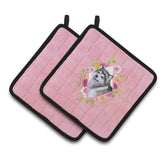 Caroline'S Treasures Ck4112Pthd Alaskan Malamute Pink Flowers Pair Of Pot Holders Potholders, Multicolor