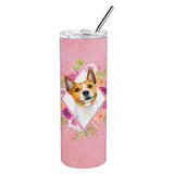 Caroline'S Treasures Basenji Pink Flowers Double Walled Stainless Steel 20 Oz Skinny Travel-Insulated-Tumblers, Multicolor