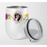 Caroline'S Treasures Bernese Mountain Dog Pink Flowers Stainless Steel 12 Oz Stemless Wine Glass Travel-Insulated-Tumblers, Mu