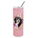 Caroline'S Treasures Bernese Mountain Dog Pink Flowers Double Walled Stainless Steel 20 Oz Skinny Travel-Insulated-Tumblers, M