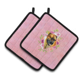 Caroline'S Treasures Ck4121Pthd Borboel Mastiff Pink Flowers Pair Of Pot Holders Potholders, Multicolor