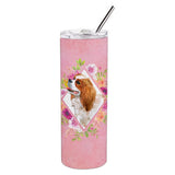 Caroline'S Treasures Cavalier Spaniel Pink Flowers Double Walled Stainless Steel 20 Oz Skinny Travel-Insulated-Tumblers, Multi