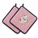 Caroline'S Treasures Ck4127Pthd Long Hair Chihuahua Pink Flowers Pair Of Pot Holders Potholders, Multicolor