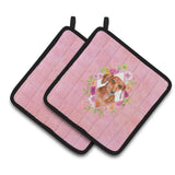 Caroline'S Treasures Ck4135Pthd Dachshund Red #2 Pink Flowers Pair Of Pot Holders Potholders, Multicolor