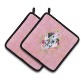 Caroline'S Treasures Ck4136Pthd Dalmatian Puppy Pink Flowers Pair Of Pot Holders Potholders, Multicolor