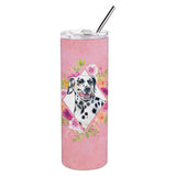 Caroline'S Treasures Dalmatian Pink Flowers Double Walled Stainless Steel 20 Oz Skinny Travel-Insulated-Tumblers, Multicolor