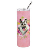 Caroline'S Treasures Eastern German Shepherd Pink Flowers Stainless Steel 20 Oz Skinny Travel-Insulated-Tumblers, Multicolor