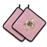 Caroline'S Treasures Ck4144Pthd Fawn French Bulldog Pink Flowers Pair Of Pot Holders Potholders, Multicolor