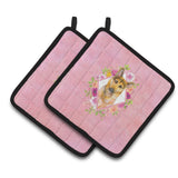 Caroline'S Treasures Ck4147Pthd German Shepherd #2 Pink Flowers Pair Of Pot Holders Potholders, Multicolor