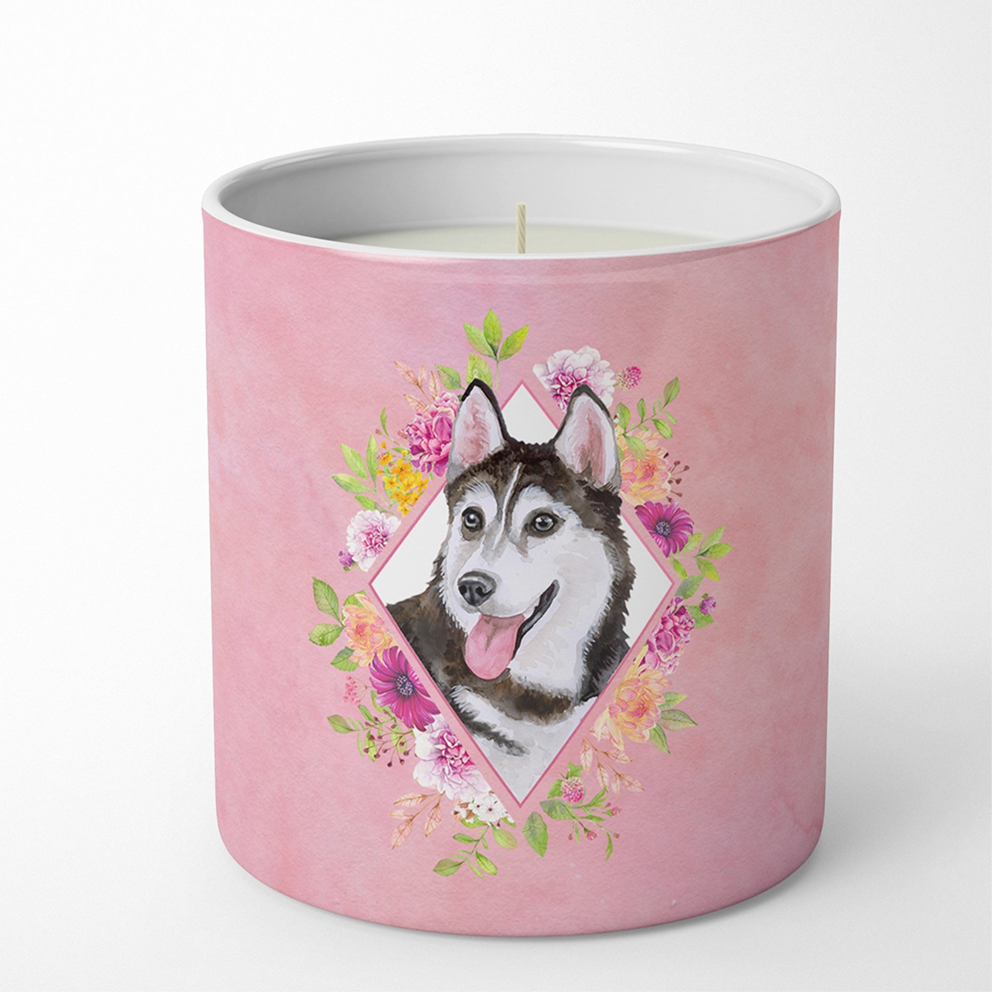 Siberian Husky #1 Pink Flowers 10 Oz Decorative Soy Candle Ck4151Cdl