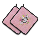Caroline'S Treasures Ck4151Pthd Siberian Husky #1 Pink Flowers Pair Of Pot Holders Potholders, Multicolor