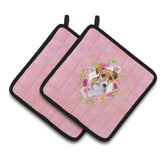 Caroline'S Treasures Ck4155Pthd Jack Russell Terrier #1 Pink Flowers Pair Of Pot Holders Potholders, Multicolor