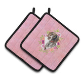 Caroline'S Treasures Ck4157Pthd German Shorthaired Pointer Pink Flowers Pair Of Pot Holders Potholders, Multicolor